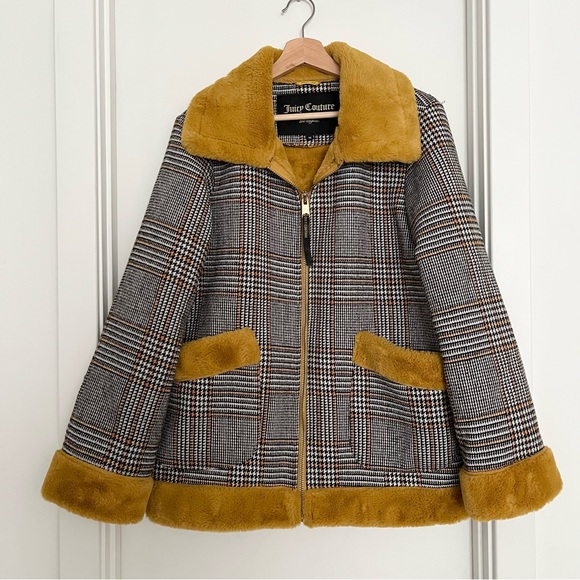 Juicy Couture Jackets & Blazers - Juicy Couture Black Label Women's Houndstooth Coat Fur Size M Black White Y2K